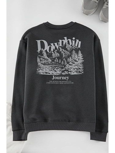 Trendyol Anthracite Oversize/Wide Cut Printed Embroidered Fleece Inside Sweatshirt