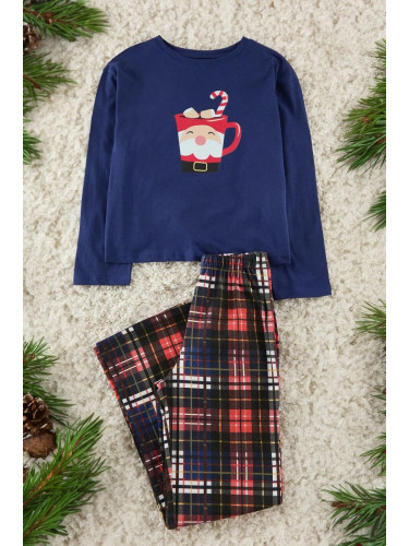 Trendyol Navy Blue 100% Cotton Christmas Themed Knitted Pajamas Set