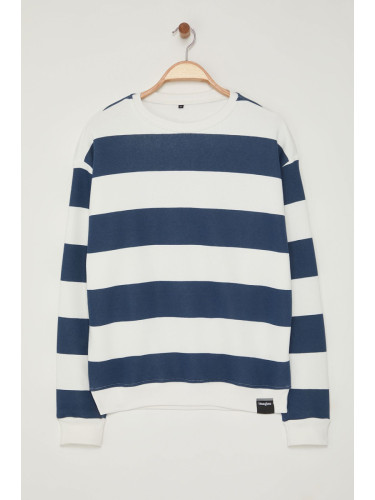 Trendyol Indigo-Ecru Oversize/Wide Cut Crew Neck Striped Polar Fleece Inside Cotton Sweatshirt