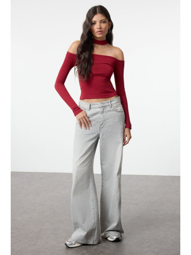 Trendyol Burgundy Carmen Collar Choker Detailed Fitted Crop Ribbed Knitted Blouse