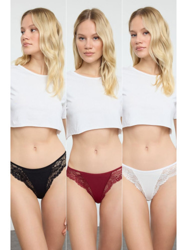 Trendyol Black-Burgundy-White 3-Pack Cotton Lace Detailed Brazilian Knitted Panties