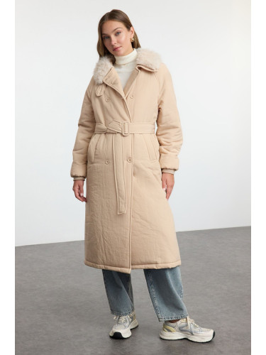 Trendyol Mink Oversize Molded Collar Plush Detail Belted Water Repellent Long Parka Puffer Coat