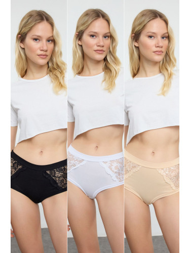 Trendyol Black-White-Skin 3-Pack Cotton Lace Detail Hipster Knitted Panties