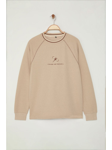 Trendyol Beige Regular Cut Stitching and Collar Knitwear Tape Detailed Printed Sweatshirt