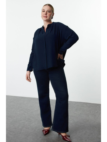 Trendyol Curve Navy Blue Woven Long Sleeve Plus Size Shirt with Side Slits