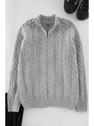 Trendyol Grey Unisex Zippered Half Turtleneck Knit Sweater