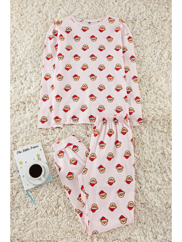 Trendyol Pink 100% Cotton Teddy Bear Patterned Christmas Themed Knitted Pajama Set