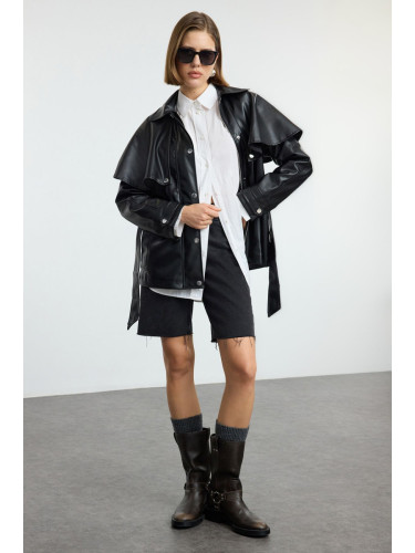 Trendyol Black Regular Fit Belted Detachable Cape Detailed Faux Leather Coat