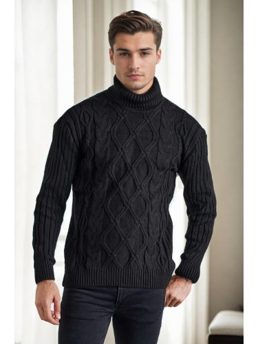 53285 Dewberry Slim-Fit Fisherman Corded Thick Mens Sweater-BLACK