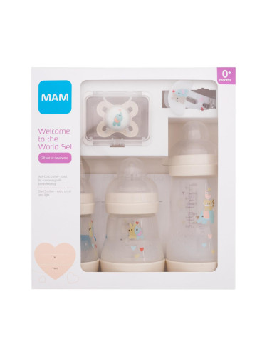 MAM Welcome To The World Set 0m+ Beige Подаръчен комплект бебешко шише Anti-Colic 160 ml 2 бр. + бебешко шише Anti-Colic 260 ml 1 бр. + биберон Start 1 бр. + лента за биберон 1 бр. увредена кутия