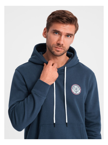 Ombre Men's kangaroo sweatshirt with hood and college style patch - navy blue