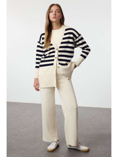 Trendyol Stone Button Detailed Jacquard Striped Cardigan Trousers Knitwear Bottom-Top Set