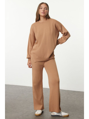 Trendyol Camel Wide Pattern Balloon Sleeve Knitwear Bottom-Top Set