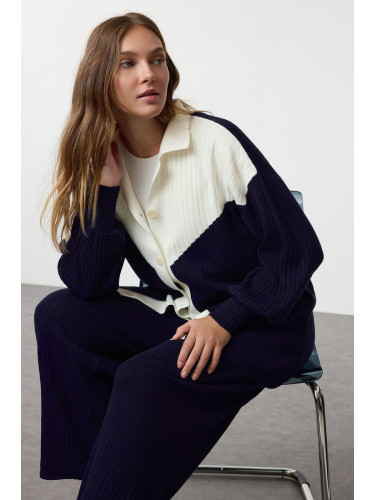 Trendyol Navy Blue Color Block Ribbed Cardigan-Pants Knitwear Top-Top Set