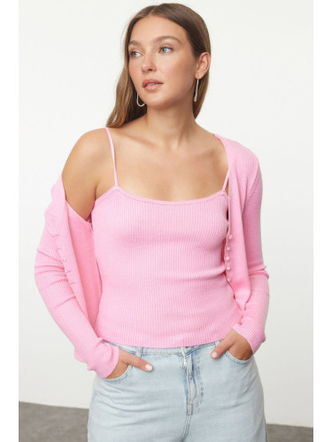 Trendyol Pink Crop Blouse-Cardigan Set Thin Knitted Cardigan