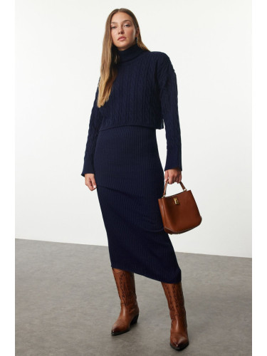 Trendyol Navy Blue Midi Knitted Sweater-Dress Set