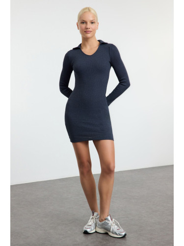 Trendyol Indigo Fitted Polo Neck Mini Ribbed Stretchy Knitted Dress