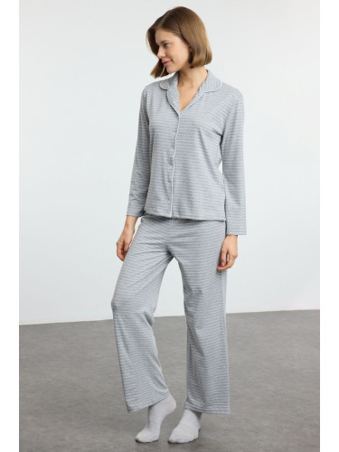 Trendyol Gray Melange Striped Soft Touch Piping Viscose Knitted Pajama Set