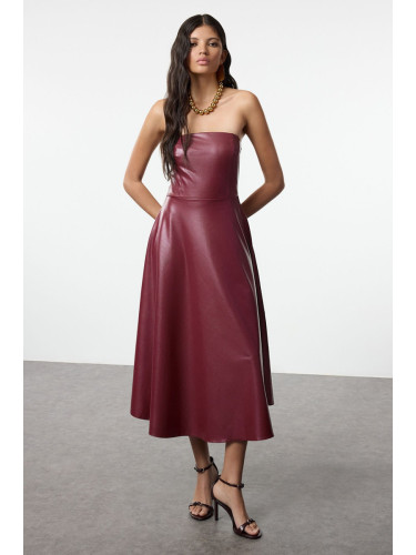 Trendyol Burgundy Faux Leather A-Line Strapless Knitted Dress