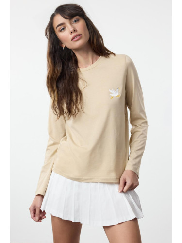 Trendyol Beige 100% Cotton Embroidered Long Sleeve Regular/Normal Cut Basic Knitted T-Shirt