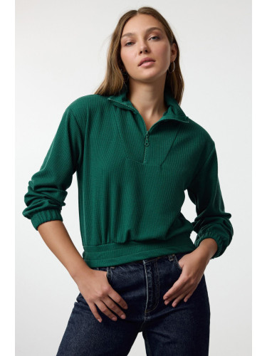 Trendyol Oil Stand Collar Zippered Crop Knit Sweatshirt