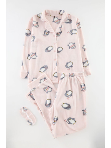 Trendyol Curve Powder Penguin Patterned Shirt Collar Knitted Pajama Set