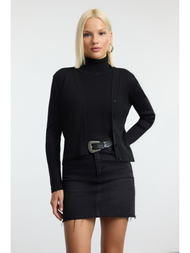 Trendyol Black V Neck Knitted Blouse-Cardigan Set