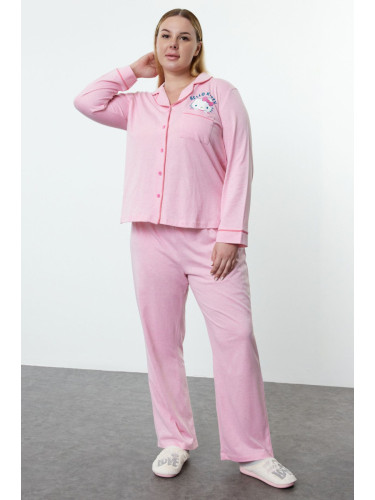 Trendyol Curve Pink Hello Kitty Licensed Shirt Collar Knitted Pajama Set