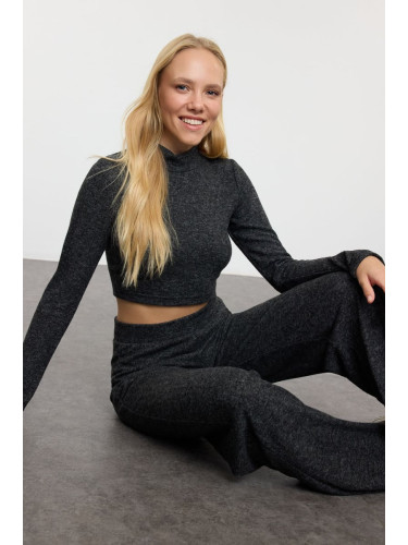 Trendyol Black Stand-up Collar Soft Crop and Wide Leg Knitted Bottom-Top Set