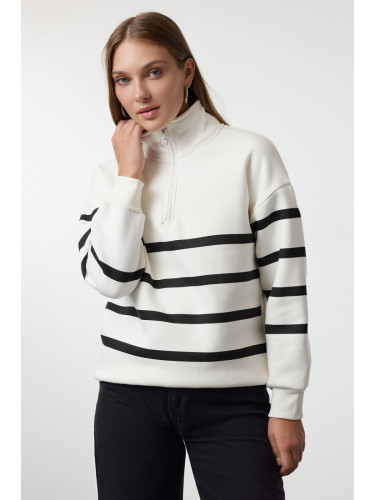 Trendyol Ecru Zipper Detailed Striped Regular/Normal Pattern Knitted Sweatshirt