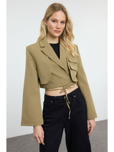 Trendyol Light Khaki Crop Lined Double Breasted Closure Woven Blazer Jacket