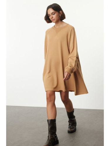 Trendyol Camel Plain Relaxed/Comfortable Fit Crew Neck Sweatshirt Knitted Dress