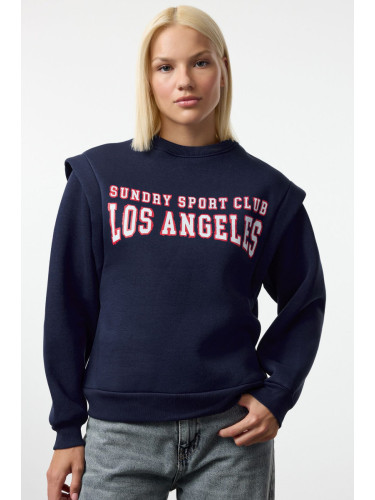 Trendyol Navy Blue Slogan Printed Oversize/Wide Pattern Thick Polar Fleece Knitted Sweatshirt