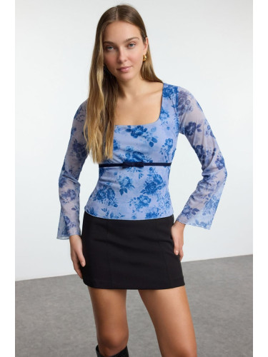 Trendyol Blue Floral Printed Tulle Bow Detailed Fitted Stretchy Knitted Blouse