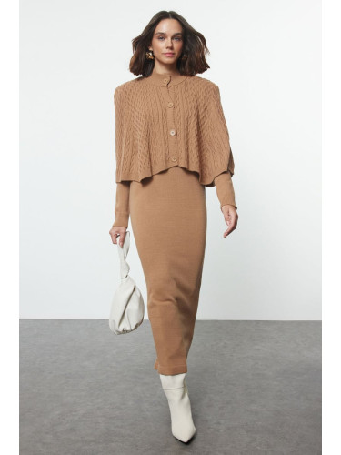 Trendyol Camel Hair Braided Cape Detailed Knitwear Bottom-Top Set