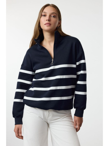 Trendyol Navy Blue Zipper Detailed Striped Regular/Normal Pattern Knitted Sweatshirt