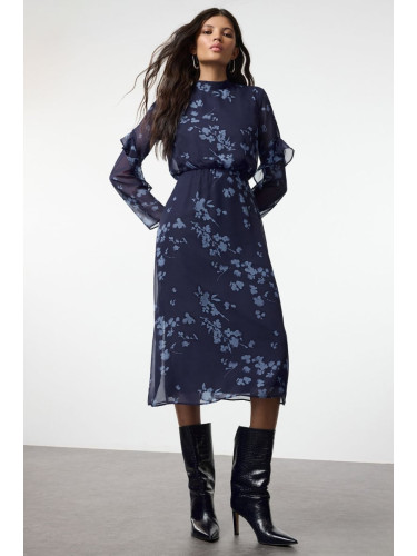 Trendyol Navy Blue Floral A-Line Midi Woven Winter Dress