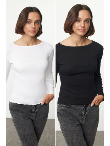 Trendyol Black-White Double Pack Slim/Fitting Regular Baby Overlock Detailed Knitted Blouse