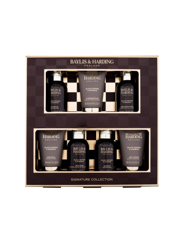 Baylis & Harding For Him Black Pepper & Ginseng Signature Collection Подаръчен комплект Душ гел 2 x 100 ml + шампоан 100 ml + душ гел за тяло и коса 100 ml + балсам за след бръснене 50 ml + почистващ гел за лице 50 ml + лосион за тяло 50 ml