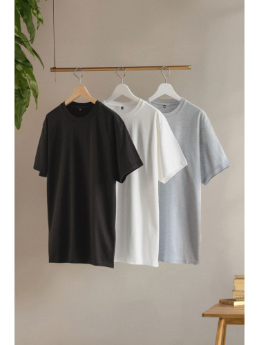 Trendyol Black-Grey-White Large Size 3-Pack Regular/Normal Cut Basic 100% Cotton T-Shirt