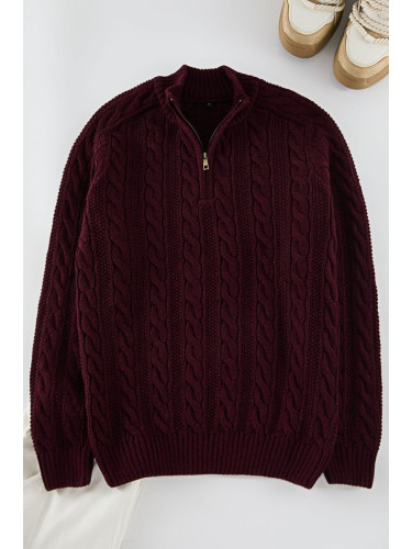 Trendyol Claret Red Unisex Zippered Half Turtleneck Knit Sweater