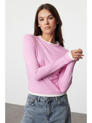 Trendyol Pink Color Block Fitted Viscose/Soft Fabric Stretchy Knitted Blouse