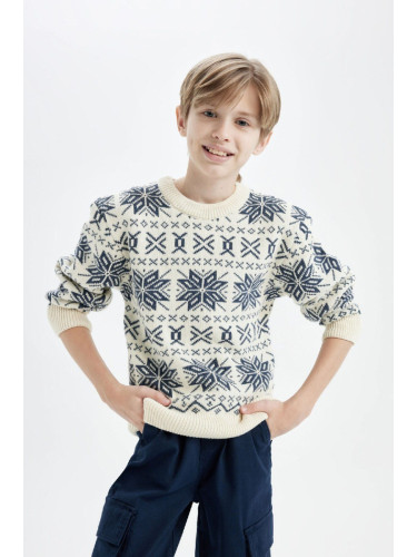 DEFACTO Boy's Regular Fit Crew Neck Patterned Sweater