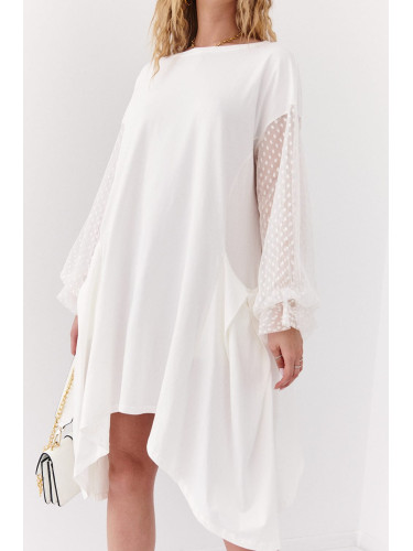 Asymmetrical oversize dress with transparent ecru sleeves