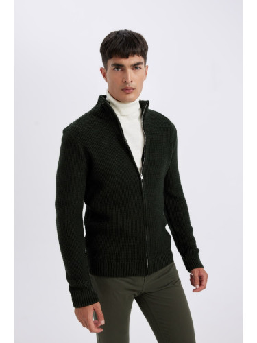 DEFACTO Men's Green Standard Fit Regular Cut Half Turtleneck Waffle Cardigan