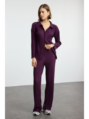 Trendyol Plum Pleated Oversize/Wide Pattern Buttoned Knitted Top-Bottom Set