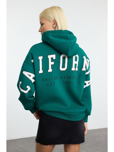 Trendyol Emerald Green Slogan Printed Oversize/Wide Fit Thick Inside Fleece Knitted Sweatshirt