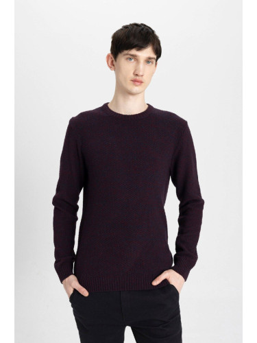 DEFACTO Men's Claret Red Standard Fit Regular Cut Crew Neck Textured Basic Knitwear Sweater