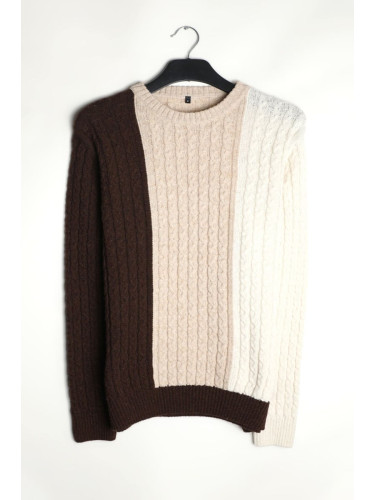 Trendyol Beige Men's Crew Neck Knitted Panelled Color Block Knitwear Sweater