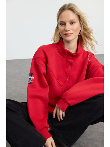 Trendyol Dark Red Thick Inside Fleece Embroidered High Collar Oversize/Wide Cut Knitted Sweatshirt